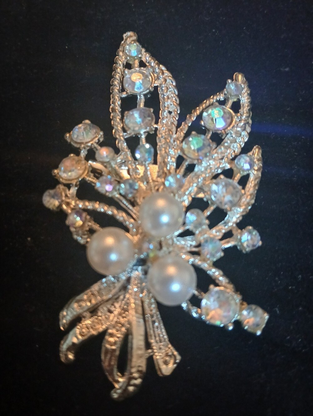 Vintage Unmarked Silvertone Aurora Borealis Bouquet Faux Pearl Brooch 3" Tall